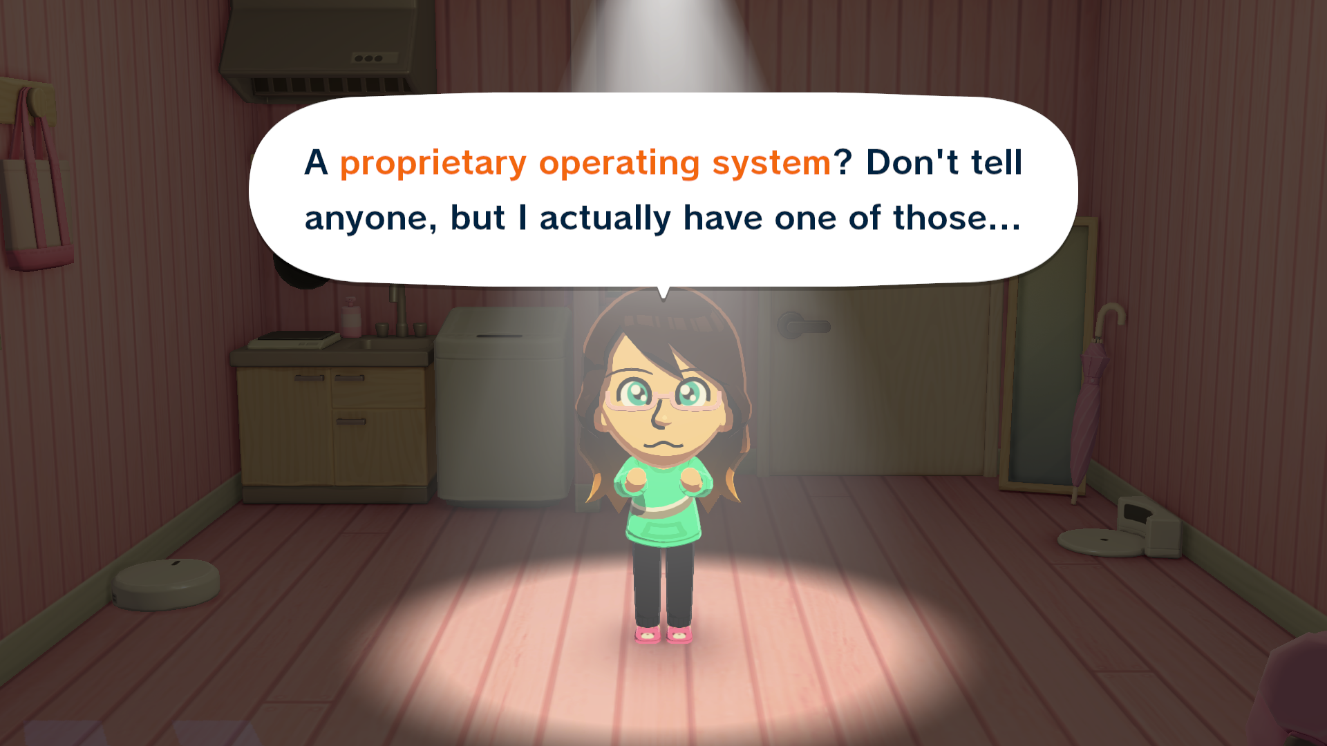 my tomodachi life self-insert mii saying "A proprietary operating system? Don't tell anyone, but I actually have one of those..."